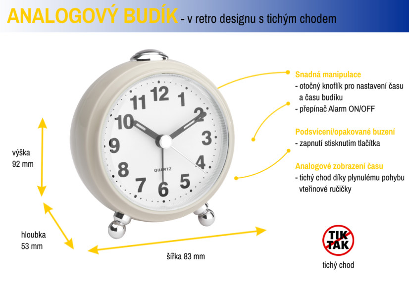TFA 60.1030.09 - Elektronický analogový budík s tichým chodem - béžový
