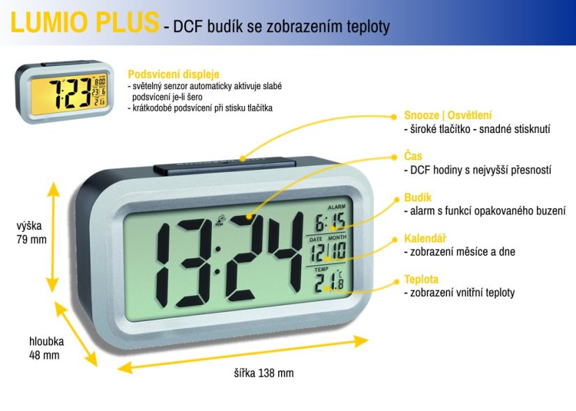 TFA 60.2553.01 - LUMIO PLUS - Rádiem řízený digitální budík s možností podsvícení - barva černá