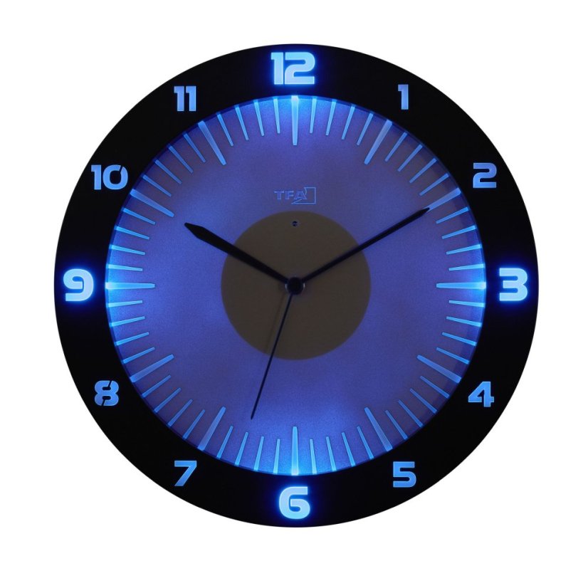 TFA 60.3553.10 - rádiem řízené nástěnné hodiny s barevným osvětlením LUMOCLOCK