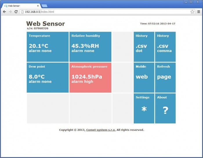 Comet T7510 - Web Sensor - teploměr, vlhkoměr, barometr s výstupem Ethernet + kalibrační list