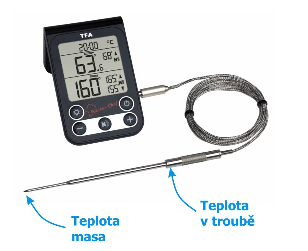 Tento vpichový teploměr měří zároveň teplotu masa i teplotu vzduchu v troubě