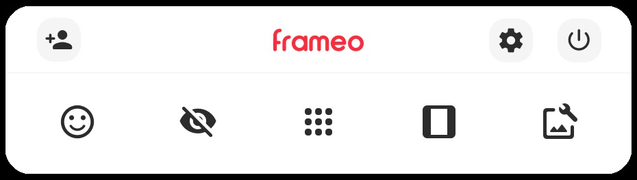 Screenshot nabídky ovládání digitálního fotorámečku. Ikony Přidat přítele na propjení s aplikací, Reagovat s nabídkou smajlíků a srdíčka, Galerie pro přístup do galerie uložených fotek a videí nebo Nastavení a další.